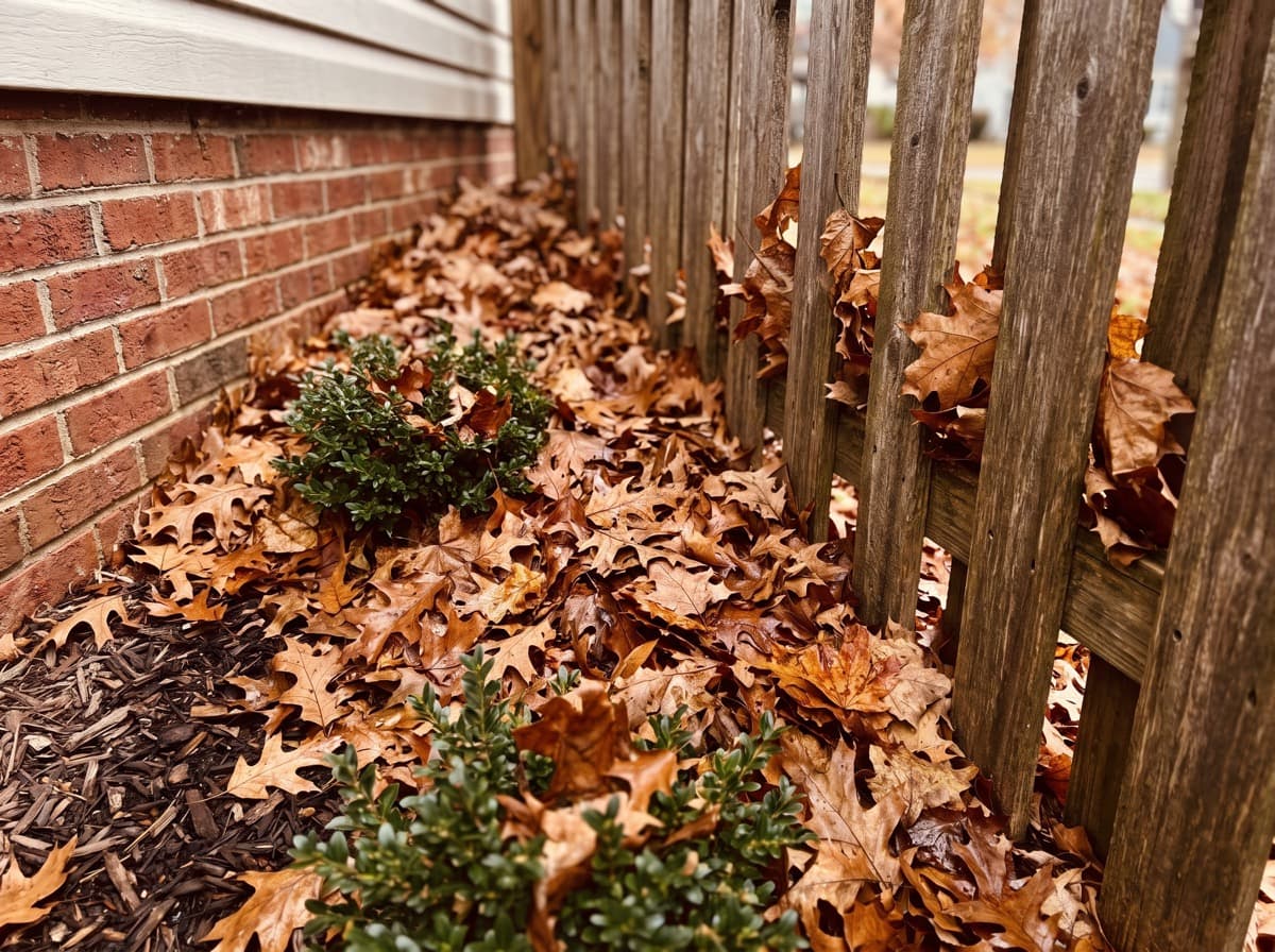 Oak leaves drifted deep into a mulched flower bed against a brick foundation and along a wooden fence line