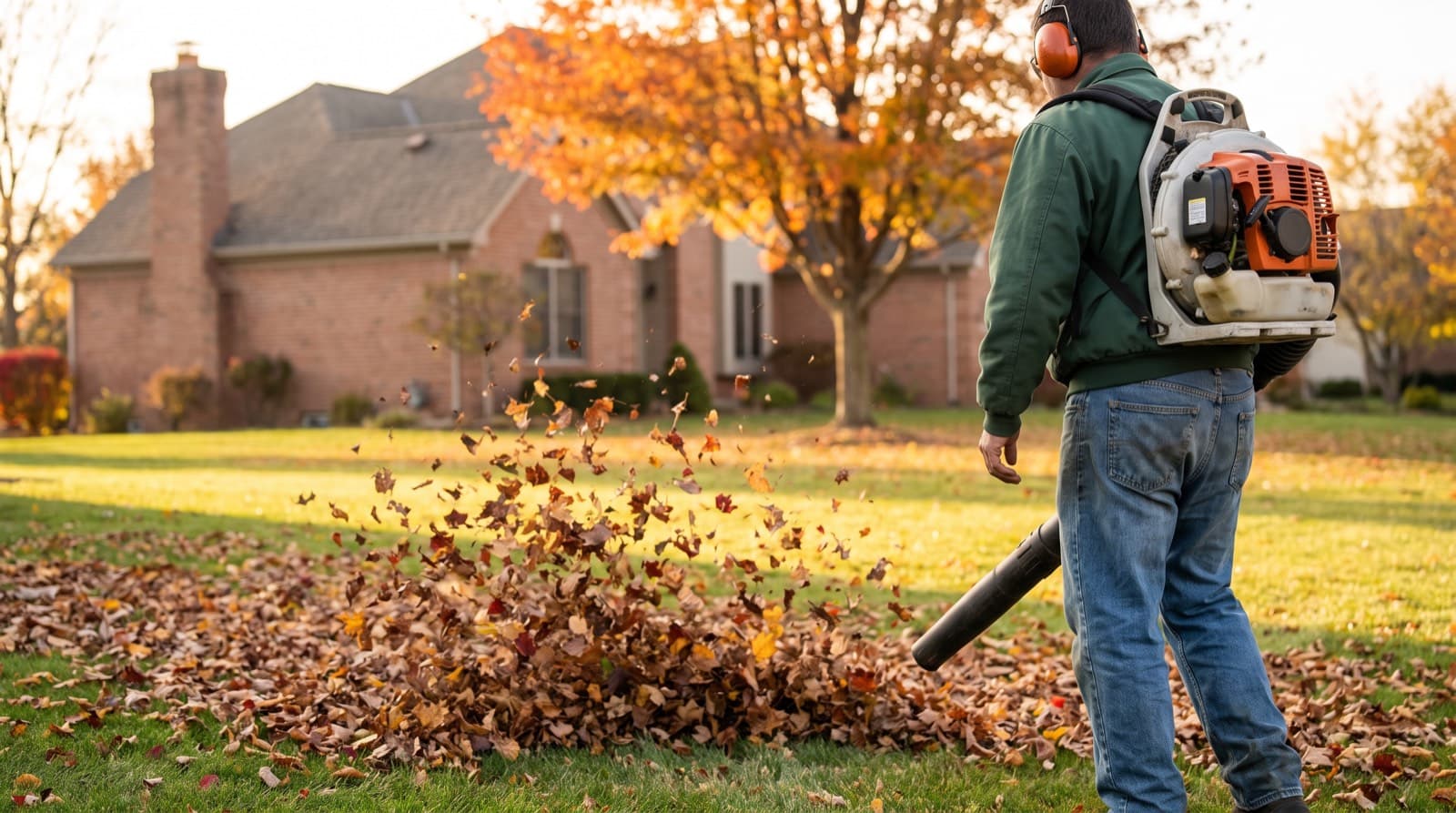A crew member with a backpack blower pushing a wall of autumn leaves across a residential lawn into a windrow
