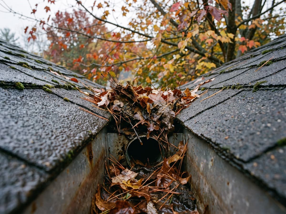 A roof gutter packed with wet leaves and pine needles damming the downspout opening