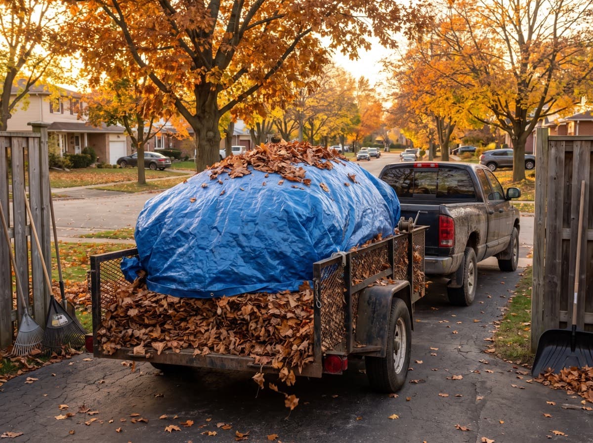A tarp heaped with leaves loaded onto an open landscaping trailer in a residential driveway