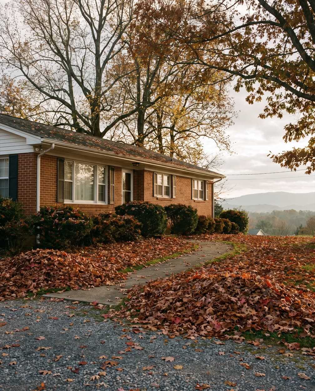 A Roanoke County brick ranch with its front lawn, walkway and driveway buried under drifts of fallen maple leaves, Blue Ridge ridgeline behind